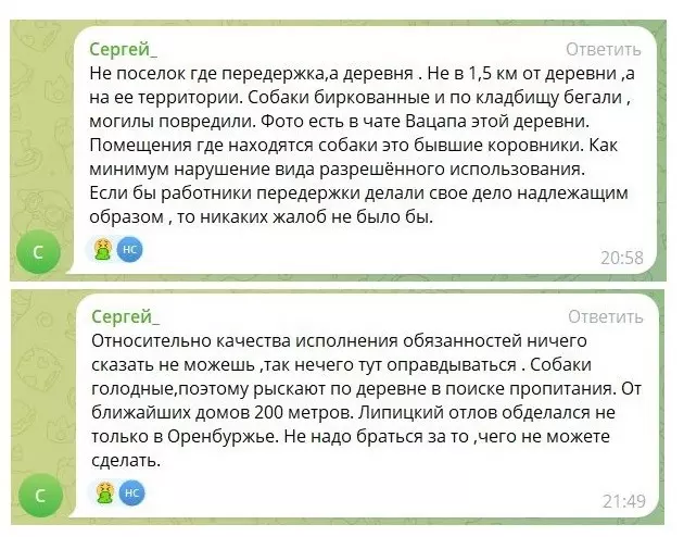 Комментарии в тг-канале «Зоозащита. ОСВВ Оренбург»