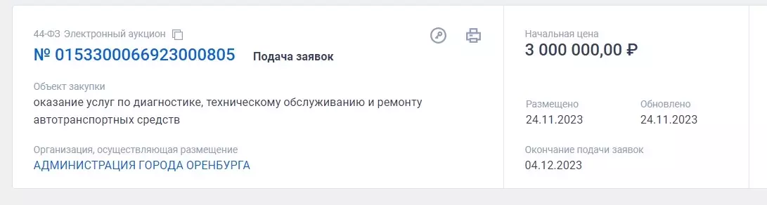 Скриншот с портала госзакупок, лот на обслуживание технопарка администрации Оренбурга 
