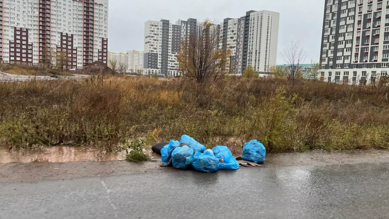 В Оренбурге мешки с мусором утекают по лужам
