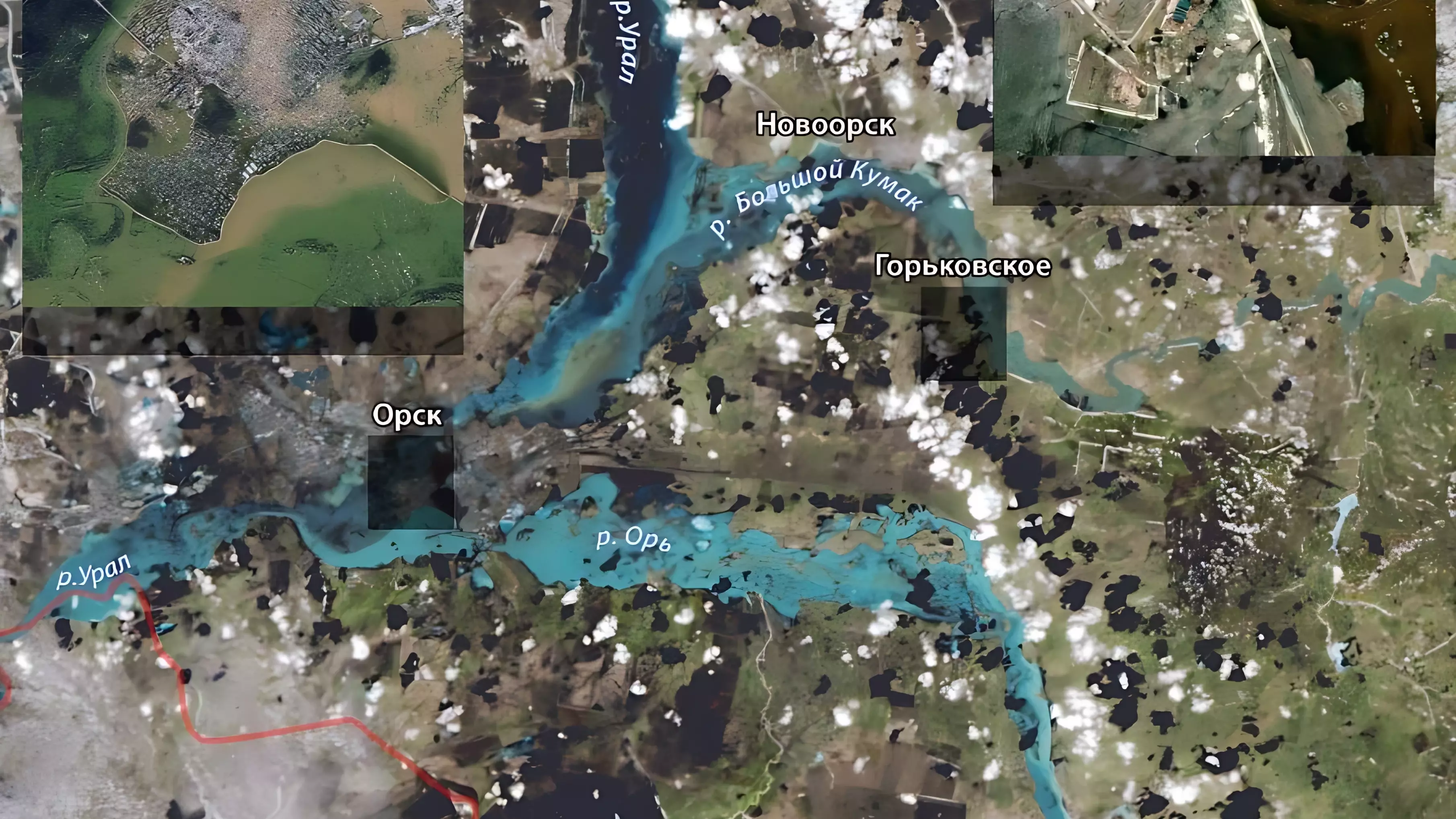 Наводнение из-за паводка в Оренбуржье видно из космоса