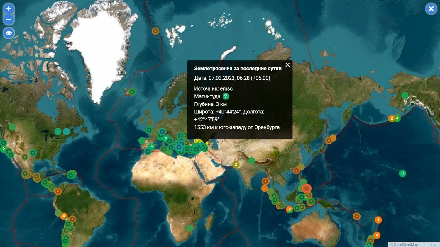 Карта землетрясений в Оренбурге